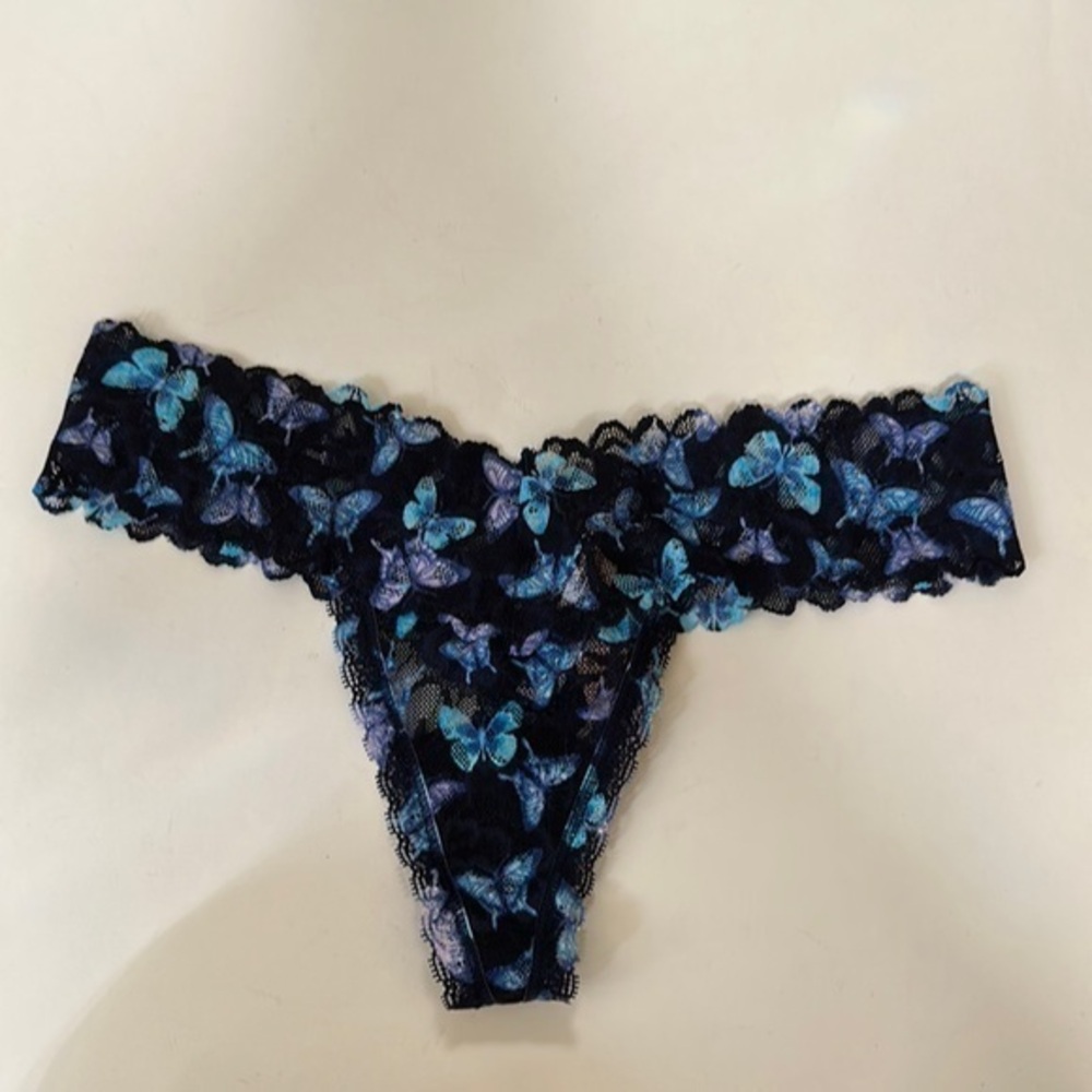 NWT Victoria’s secrets black lace thong with blue/pink butterflies. Sz S